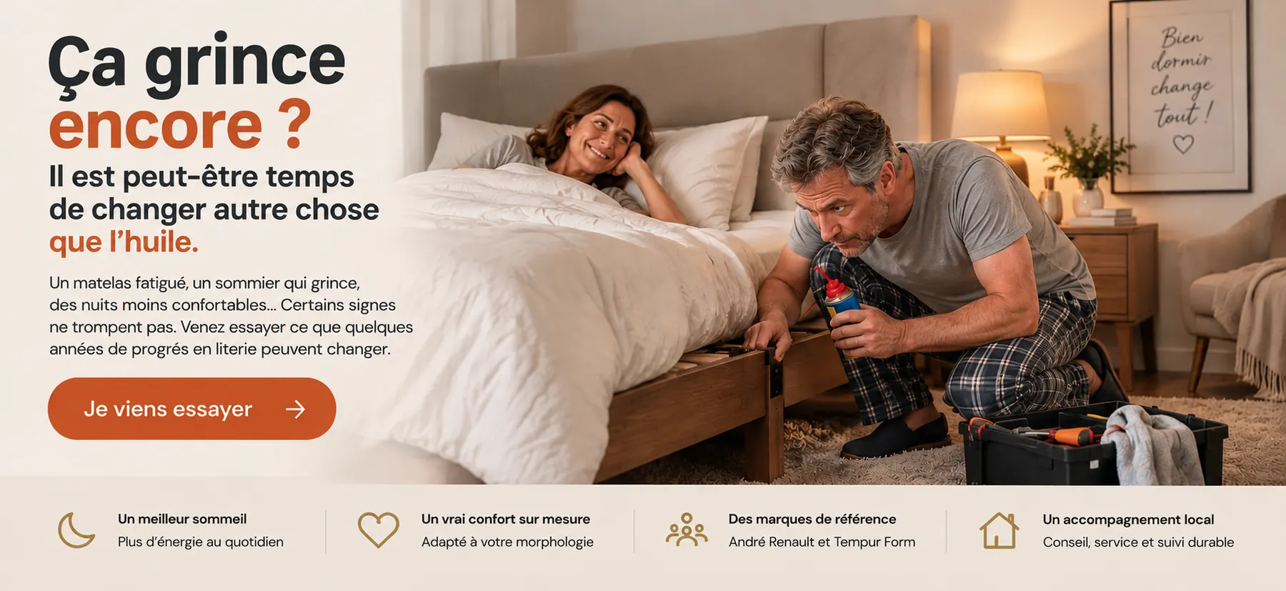 Ça grince encore ? Il est peut-être temps de changer autre chose que l’huile. Un couple face à un lit qui grince.