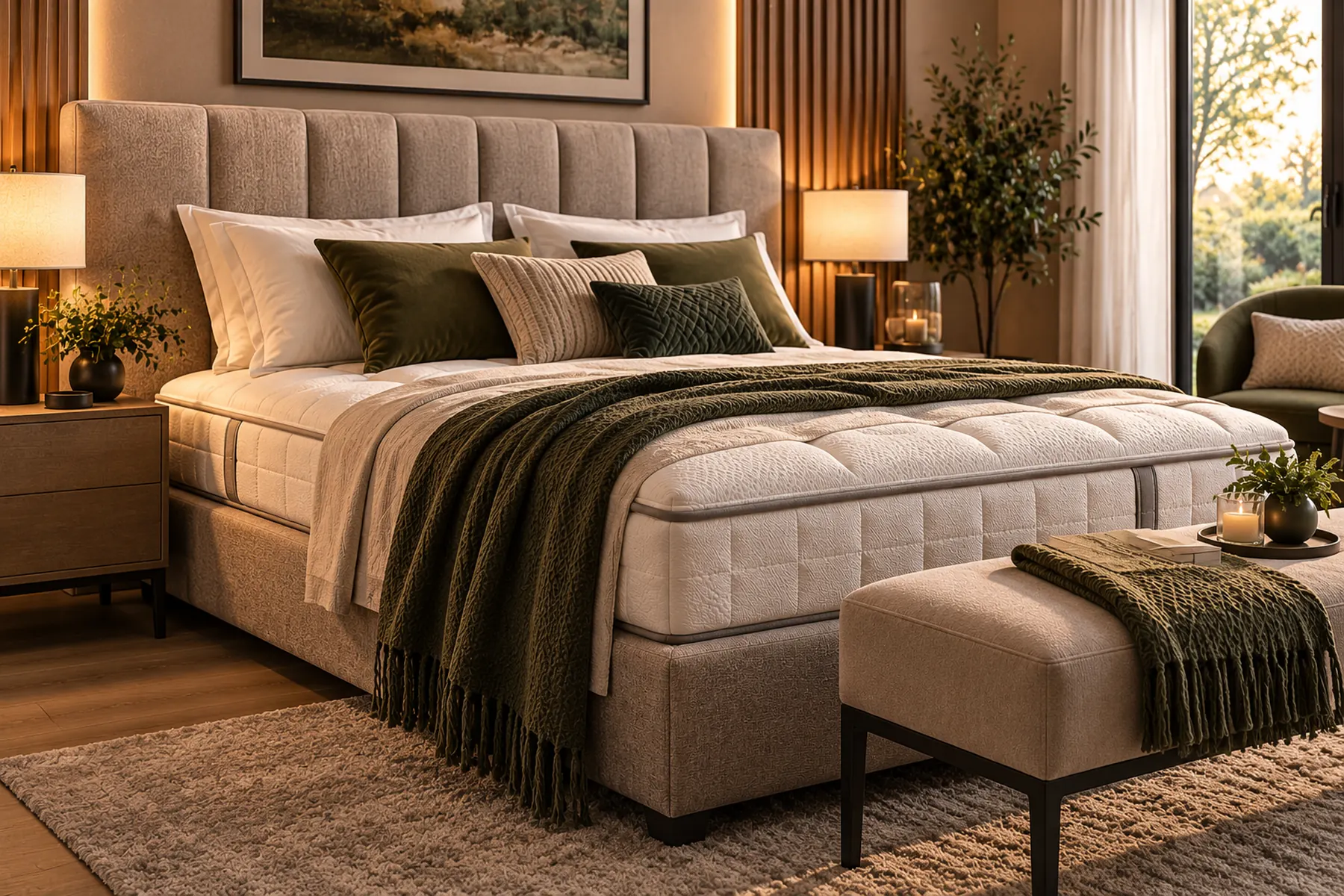 Grande literie avec tête de lit et accessoires dans une chambre élégante