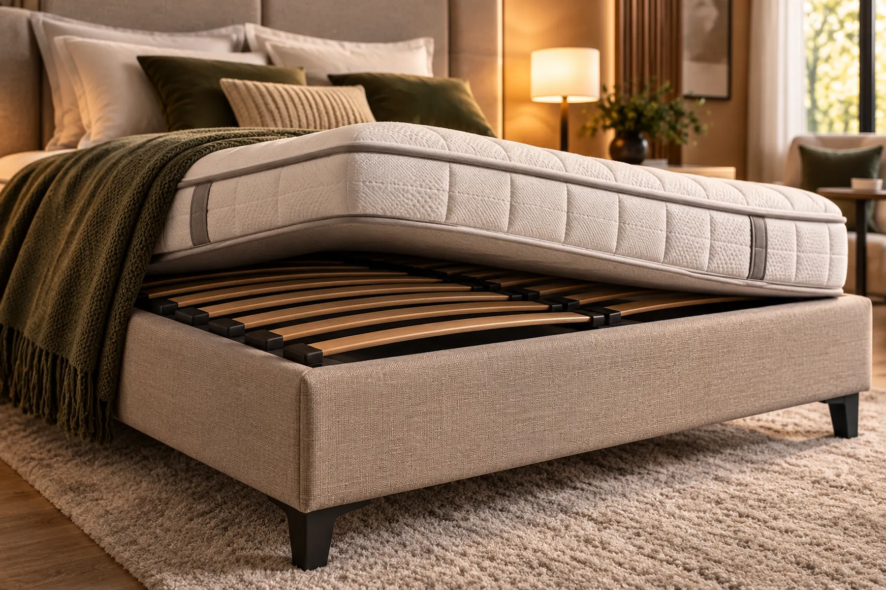 Sommier à lattes sous un matelas dans une chambre contemporaine